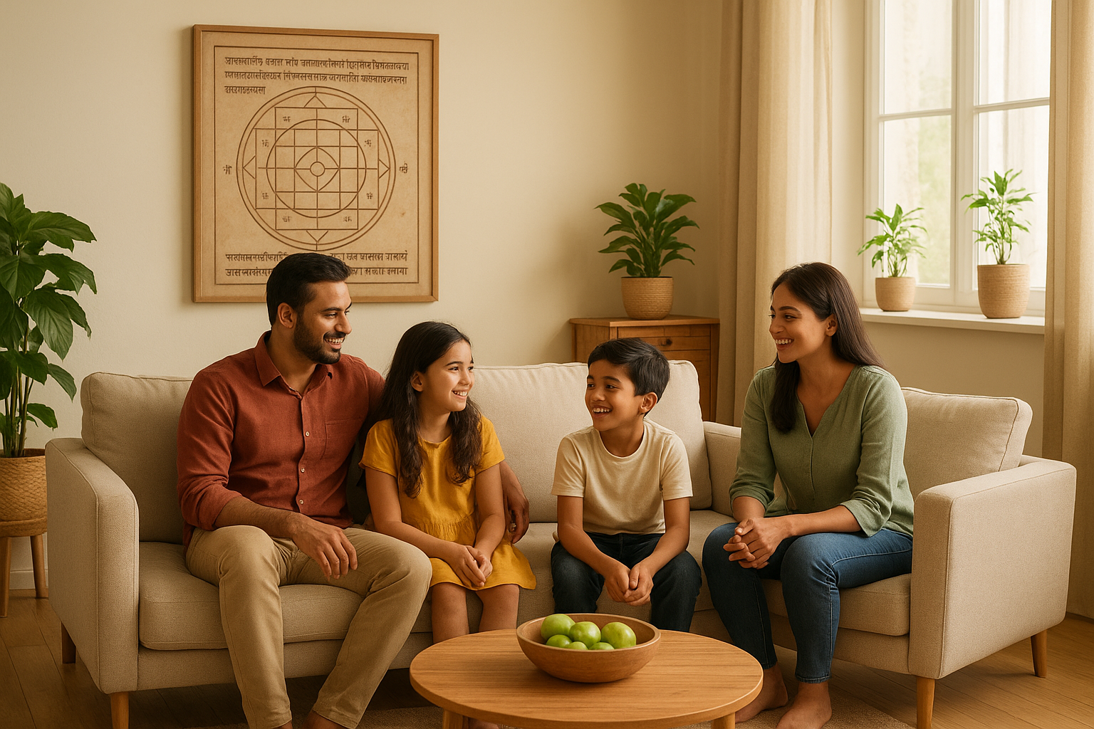 Happy family in a Vastu-compliant living room with proper furniture arrangement and natural elements